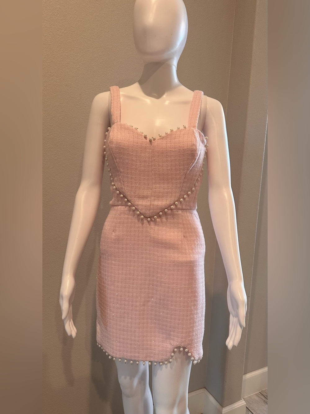 Pink Tweed Pearl Trim Mini Dress Small